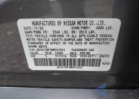 2021 Infiniti Q50 Luxe z USA, uszkodzony, nr VIN JN1EV7BP3MM703202